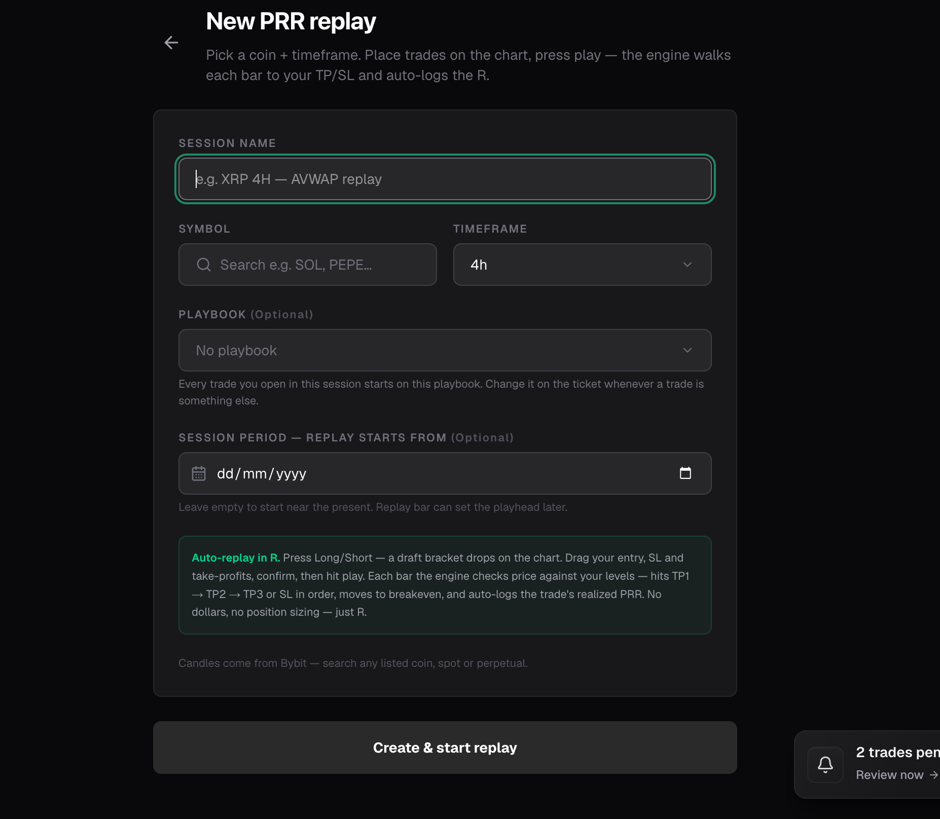 The new replay form, with the name field, the symbol and timeframe row, and the create button highlighted.