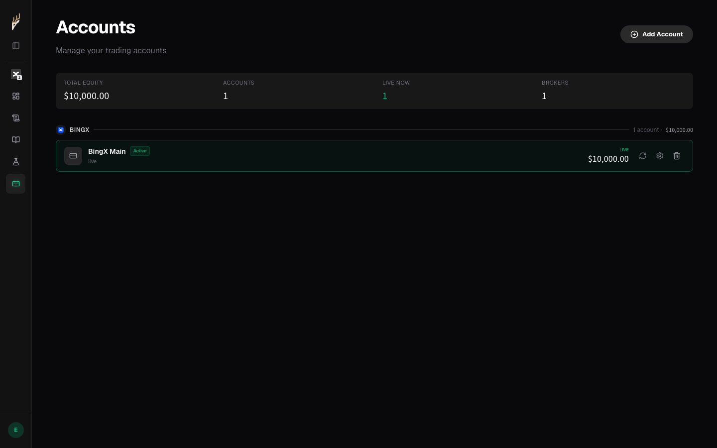 The Accounts page, with the sidebar Accounts item and the Add Account button highlighted.