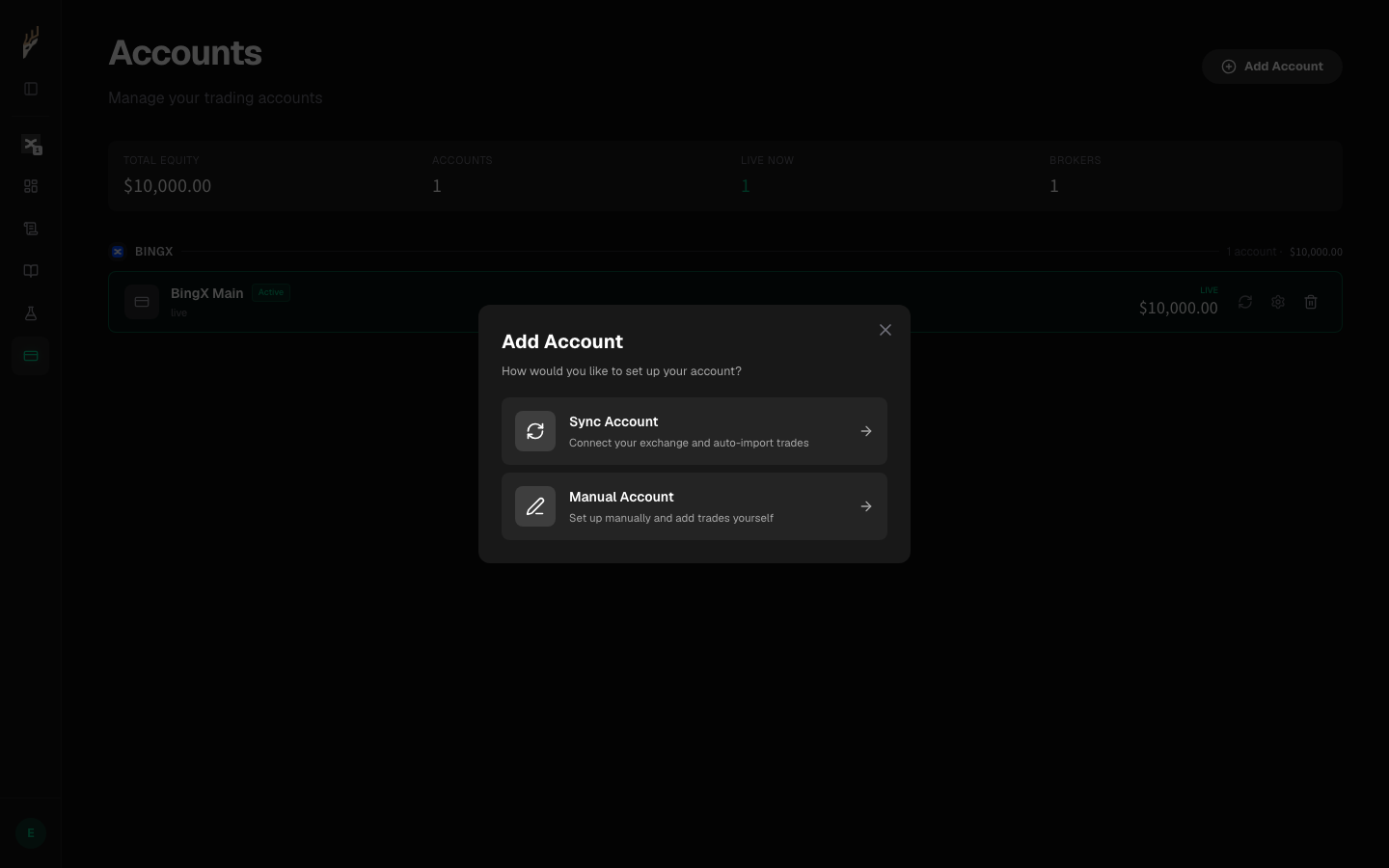 The Add Account dialog, with Sync Account highlighted.