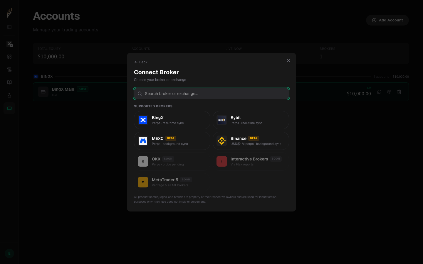 The broker picker, with BingX highlighted.