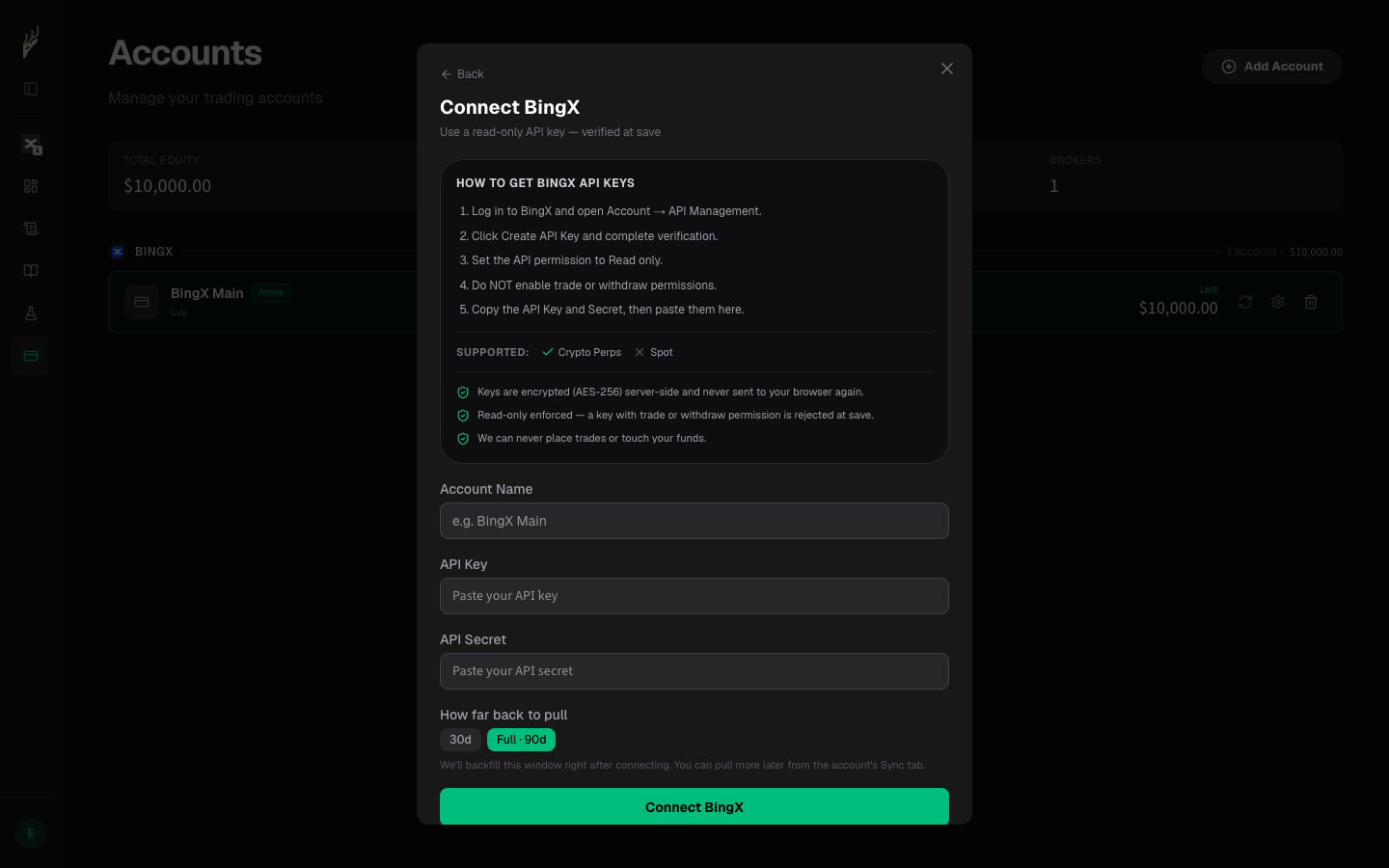 The BingX connect form, with the key fields and the Connect button highlighted.