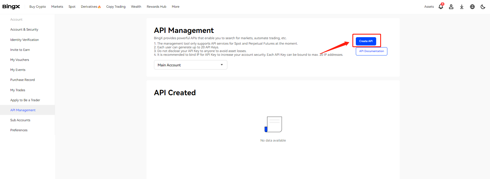 The BingX API Management page with the Create API button highlighted.