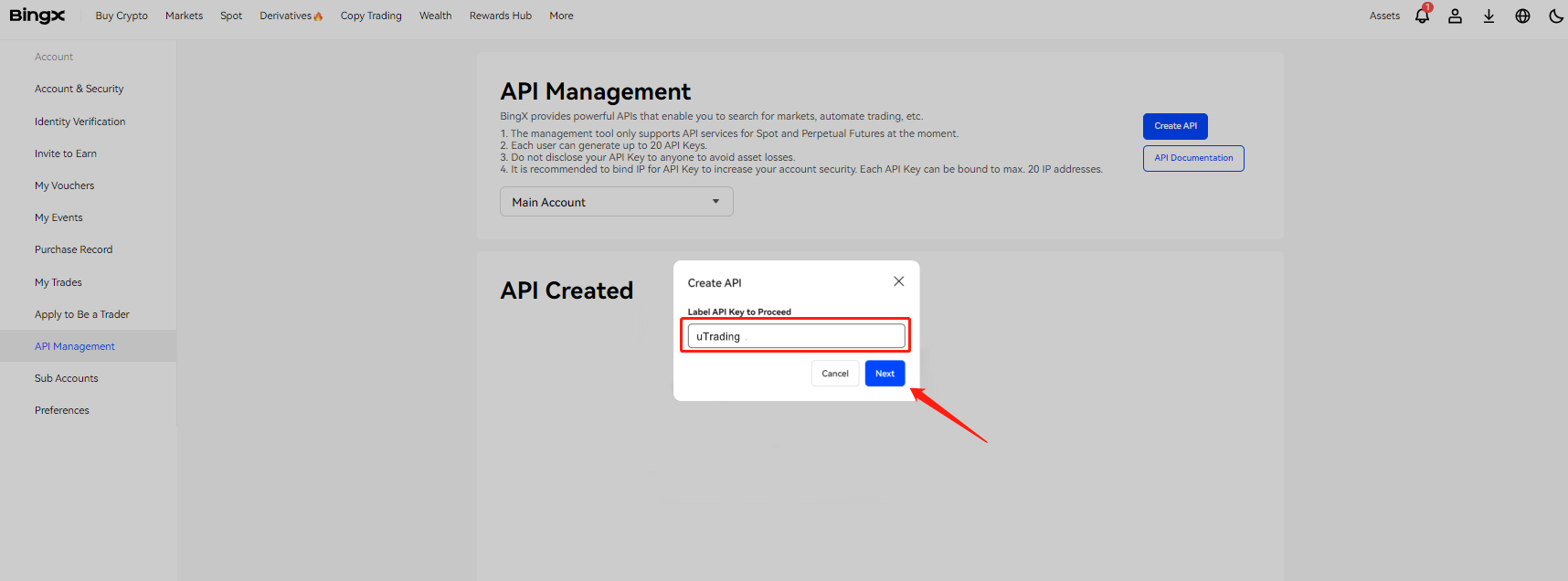 The BingX Create API dialog with the key label field highlighted.