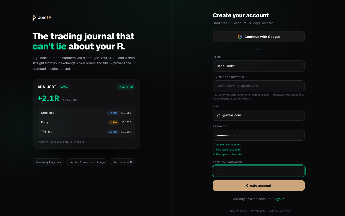 The account-creation form, with the fields and the Create account button highlighted.