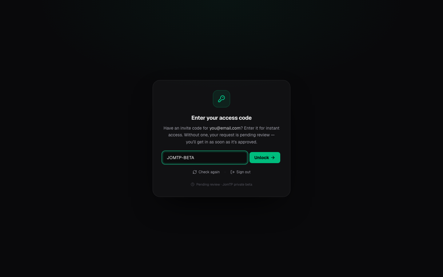 The access-code screen, with the code field and Unlock highlighted.
